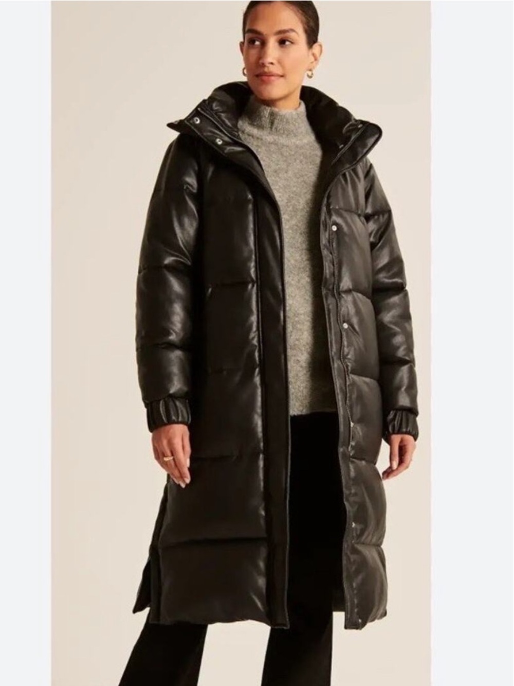 Abercrombie & Fitch Women's Long Black Quilted Puffer Coat with Hood